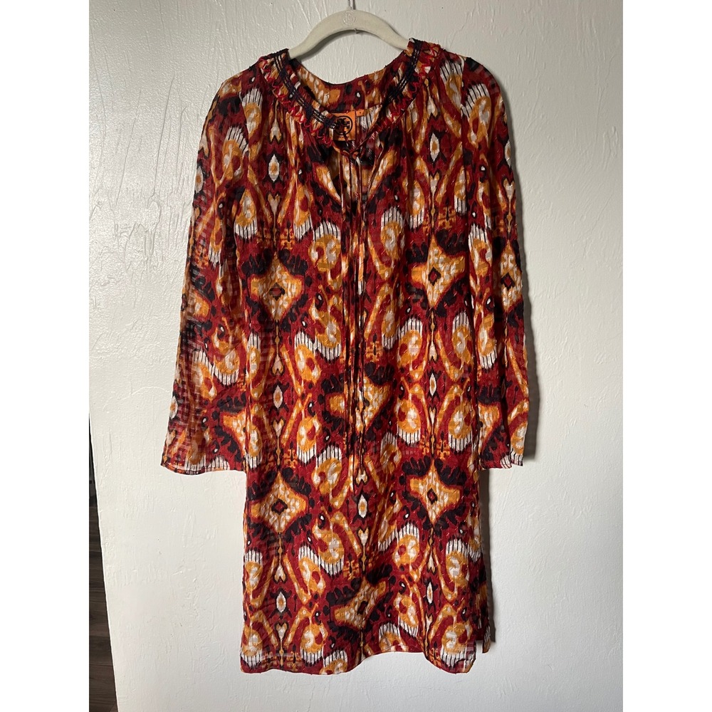 Tory Burch Silk Blend Ikat‎ Print Tunic Dress Red Orange 2 51111424